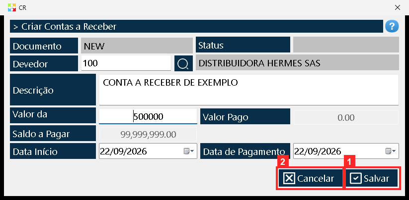 O documento salva-se com «Salvar». Ao contrário dos documentos de armazém, aqui não há janela de finalização: ao salvar, a conta fica registrada e o documento fecha-se sozinho.
