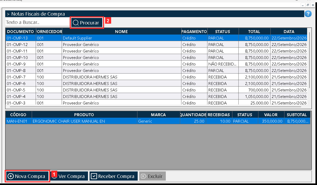 Abre-se «Lista de Documentos»: cada linha é um pedido de compra com a referência, o fornecedor, a condição de pagamento, o STATUS e o total.