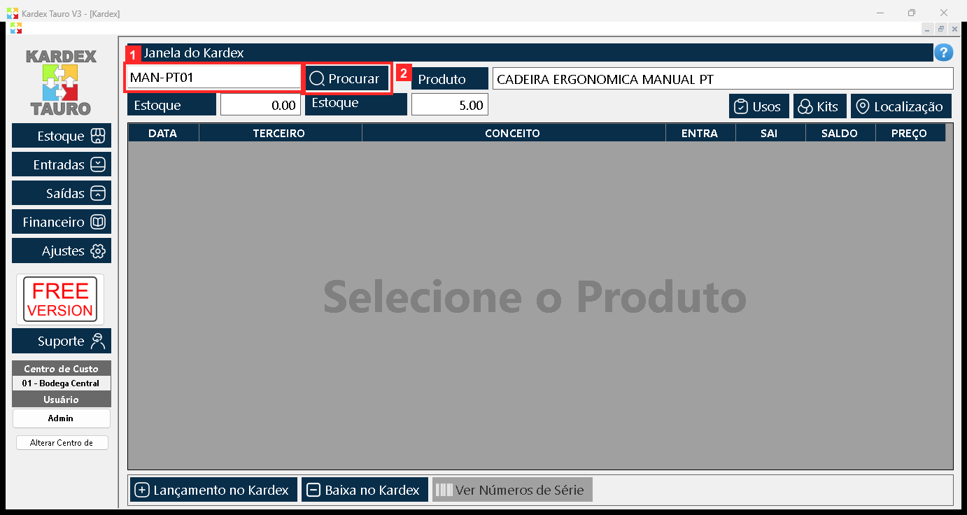 A janela de movimentos abre dentro da área de trabalho. Em cima está o campo de busca: digite o código do produto e pressione «Procurar».