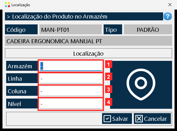 Abre-se a janela «Localização» com o «Código» (MAN-PT01), o «Tipo» e o nome do produto.