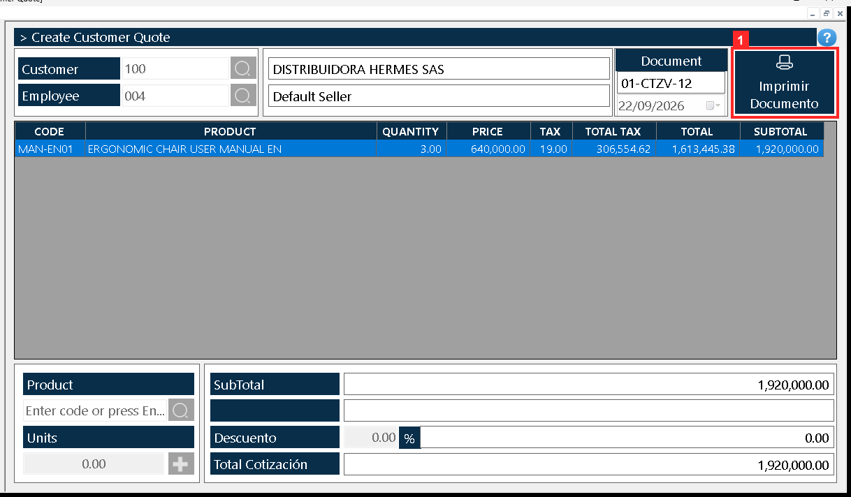 The program reports «Document processed successfully»: the quote was registered as «01-CTZV-12» with the status CLOSED.