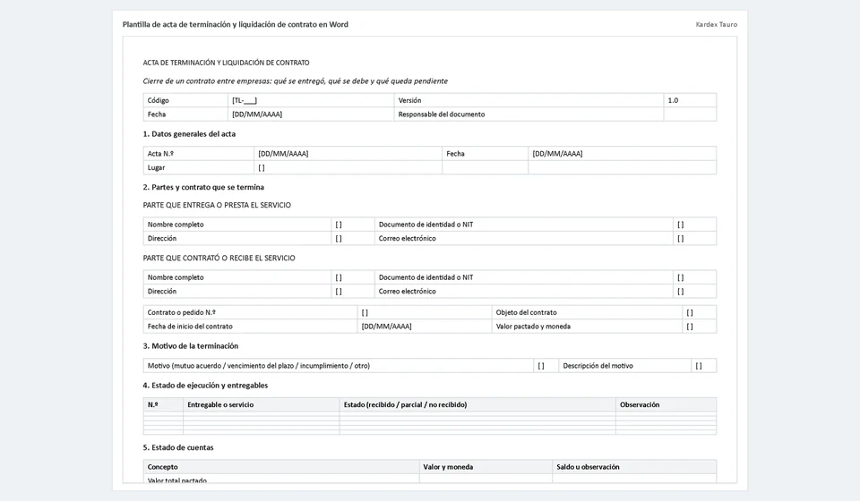 Plantilla de acta de terminación y liquidación de contrato en Word