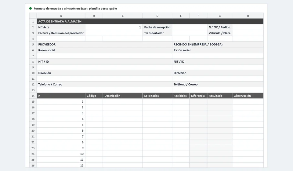 Formato de entrada a almacén en Excel: plantilla descargable