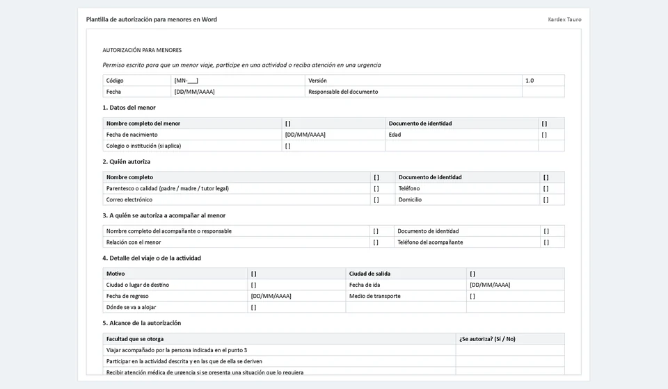 Modelo de autorização para menores em Word