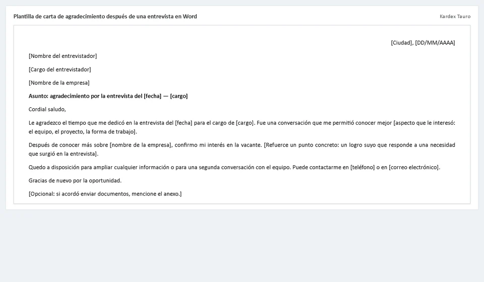 Modelo de carta de agradecimento após entrevista em Word