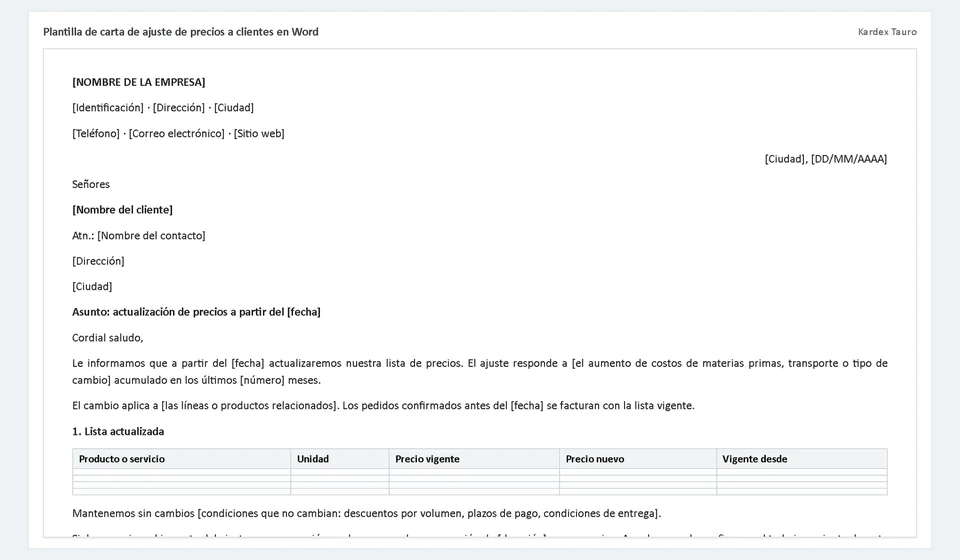 Modelo de carta de reajuste de preços em Word
