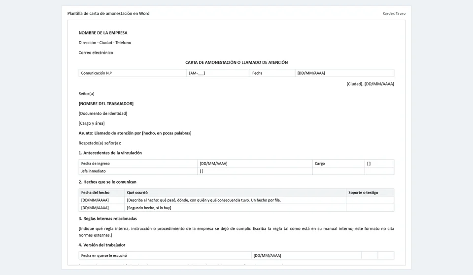 Plantilla de carta de amonestación en Word