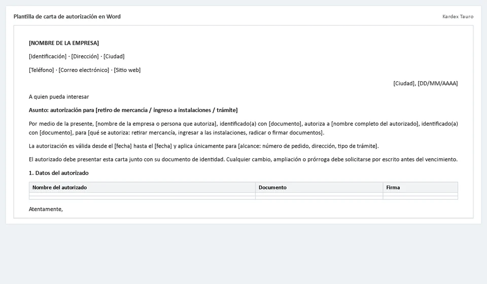 Plantilla de carta de autorización en Word
