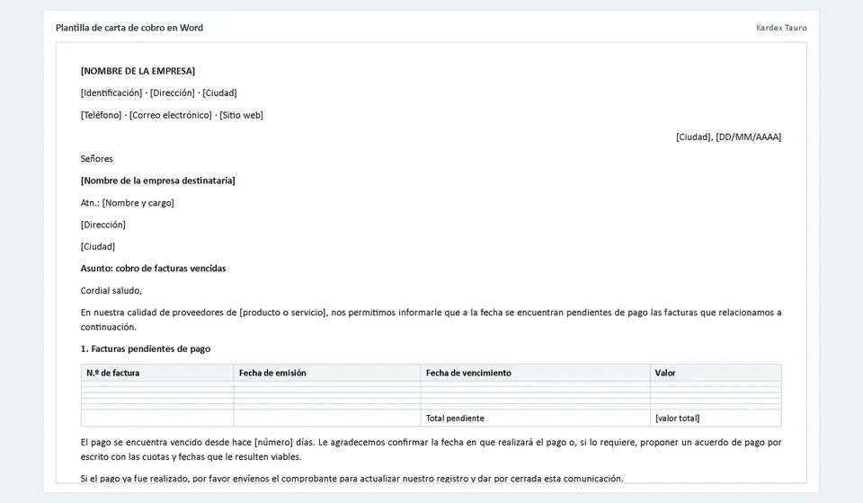 Modelo de carta de cobrança em Word