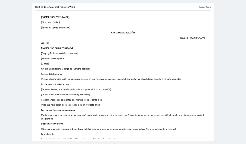 Plantilla de carta de motivación en Word