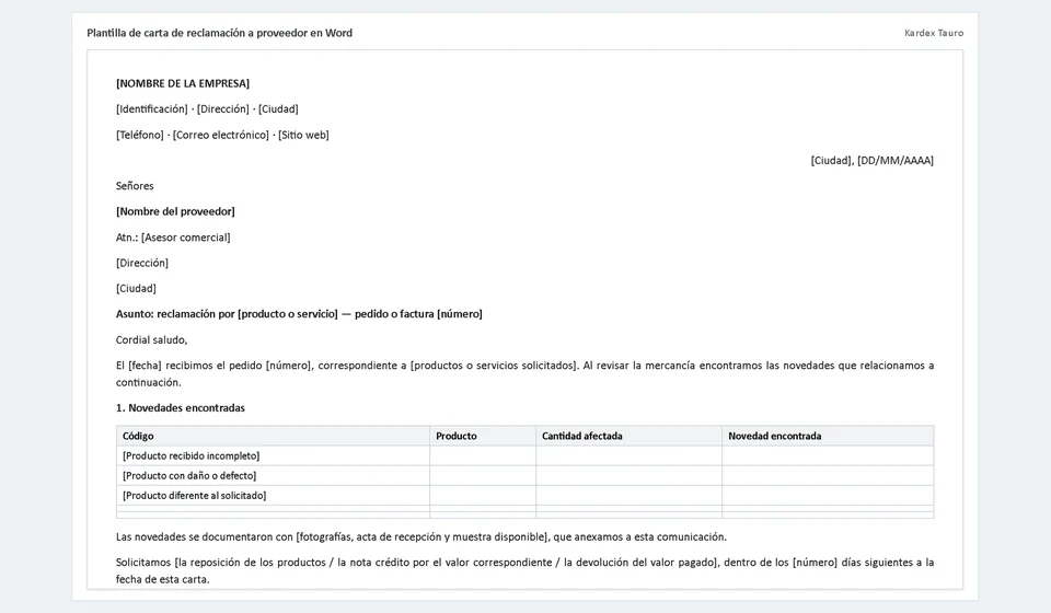 Plantilla de carta de reclamación a proveedor en Word