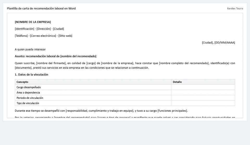 Plantilla de carta de recomendación laboral en Word