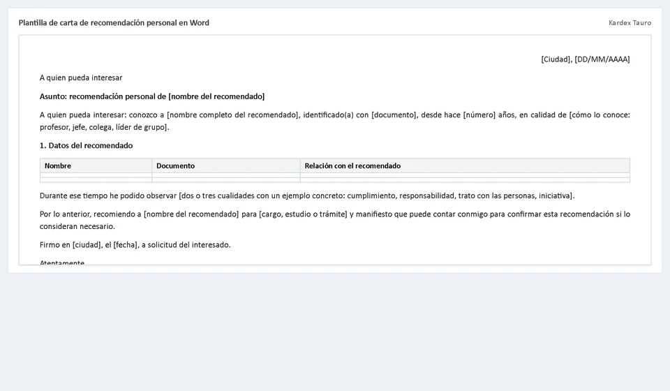 Plantilla de carta de recomendación personal en Word