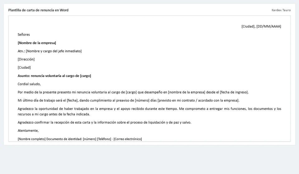 Modelo de carta de demissão em Word