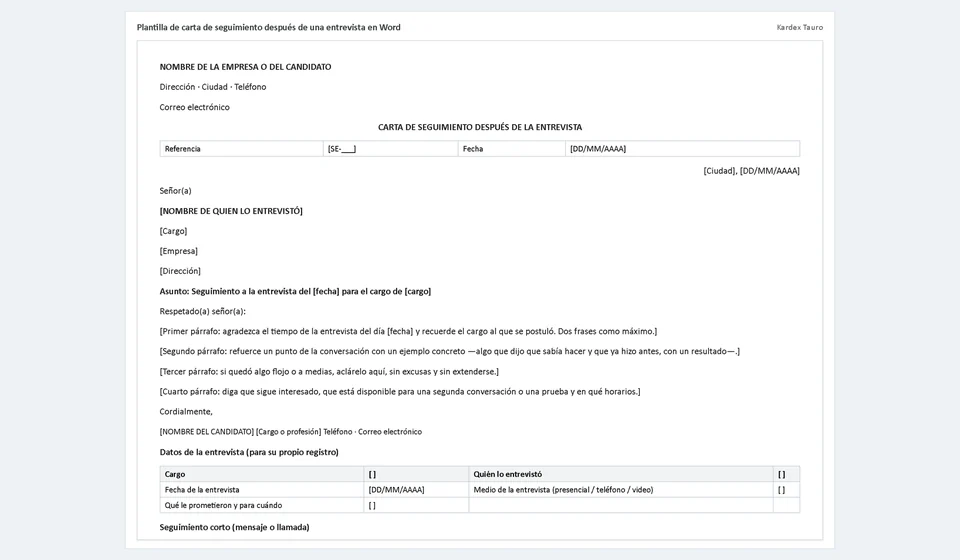 Modelo de carta de acompanhamento após entrevista em Word
