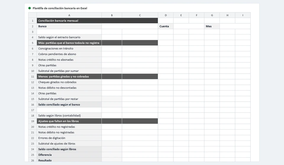 Modelo de conciliação bancária no Excel