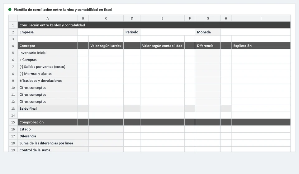 Plantilla de conciliación entre kardex y contabilidad en Excel