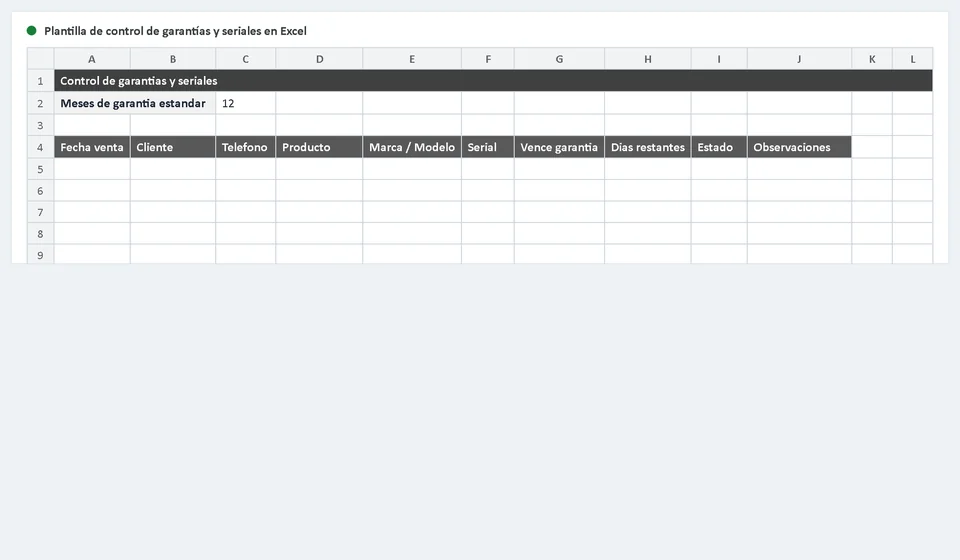Plantilla de control de garantías y seriales en Excel