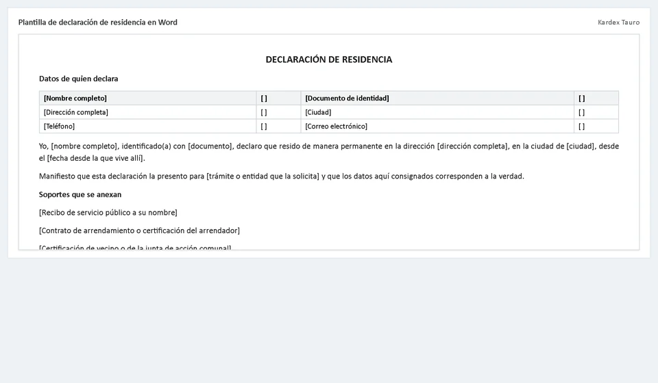 Plantilla de declaración de residencia en Word