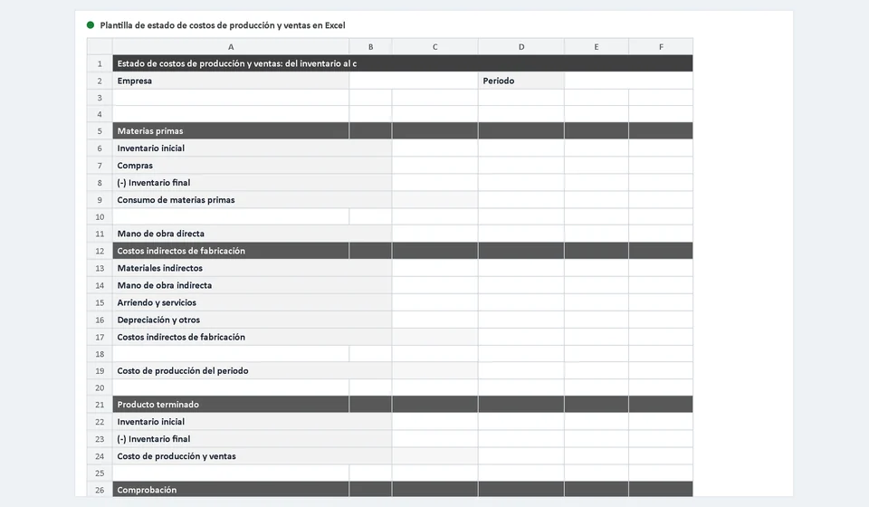 Modelo de custo de produção e vendas no Excel