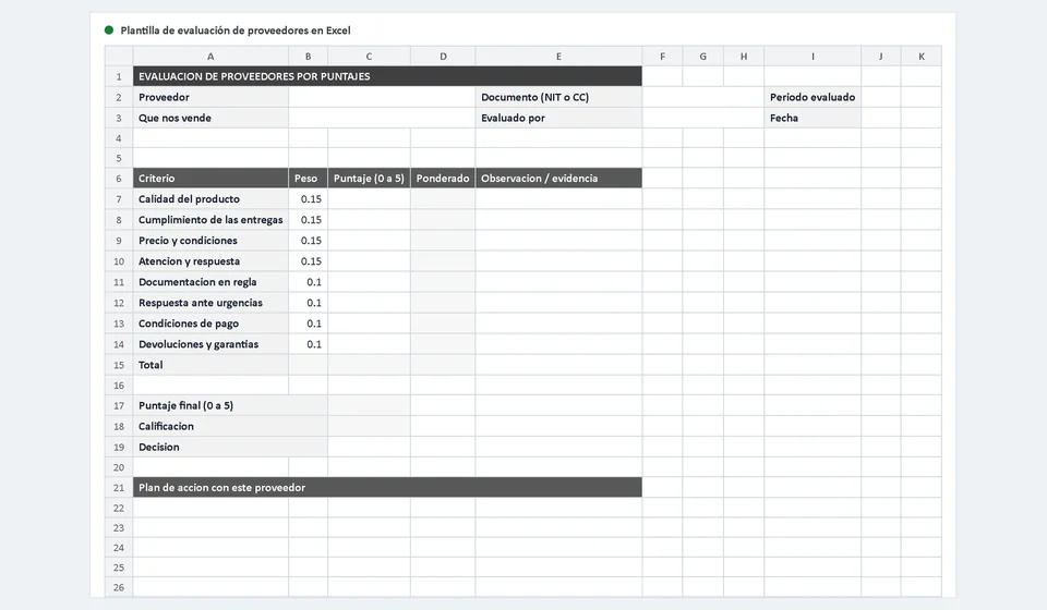 Modelo de avaliação de fornecedores no Excel