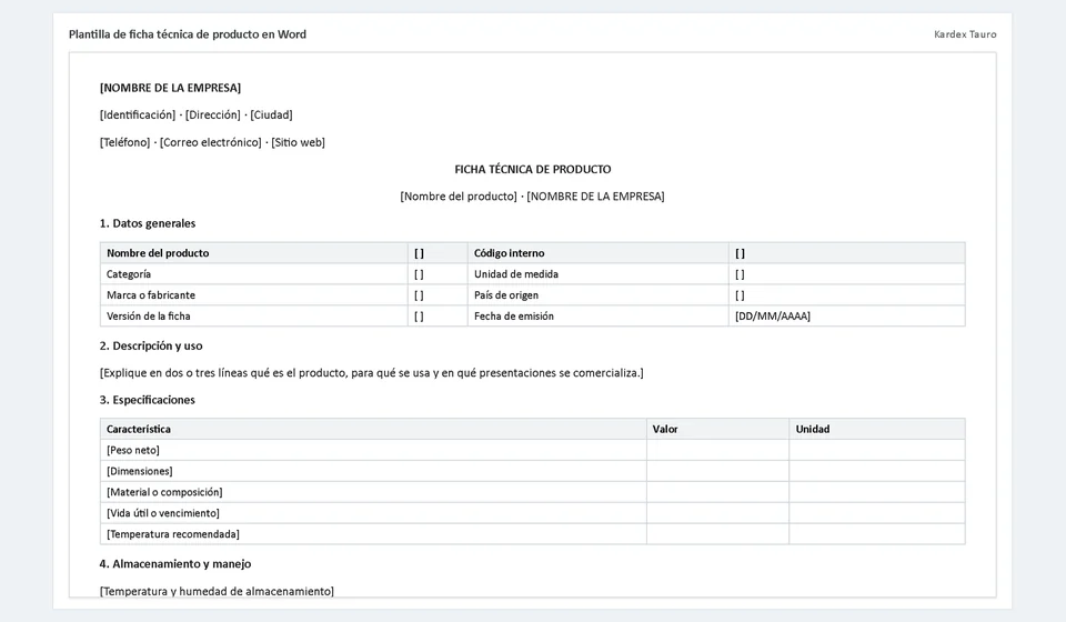 Modelo de ficha técnica de produto em Word