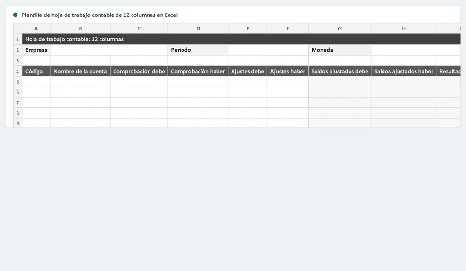 Modelo de folha de trabalho contábil de 12 colunas no Excel
