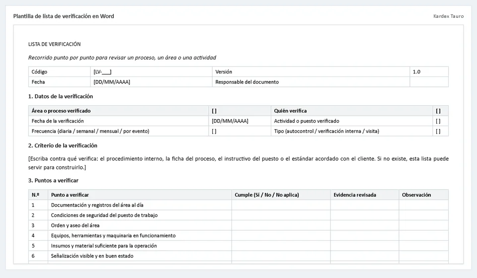 Plantilla de lista de verificación en Word
