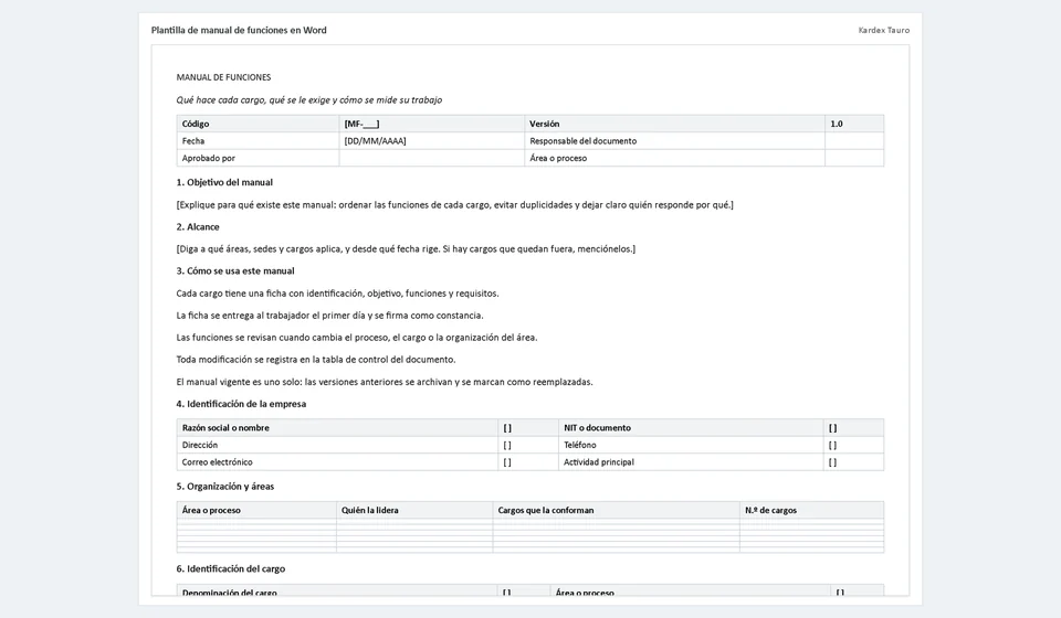 Modelo de manual de funções em Word