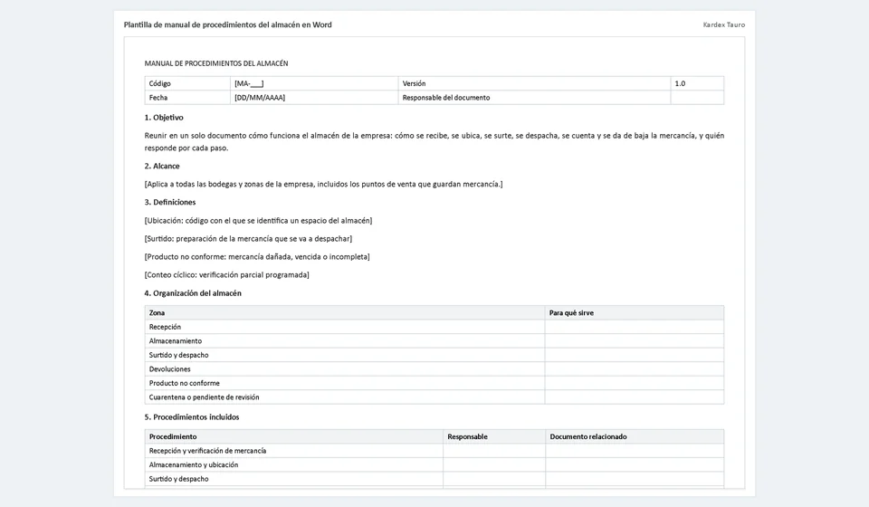 Plantilla de manual de procedimientos del almacén en Word