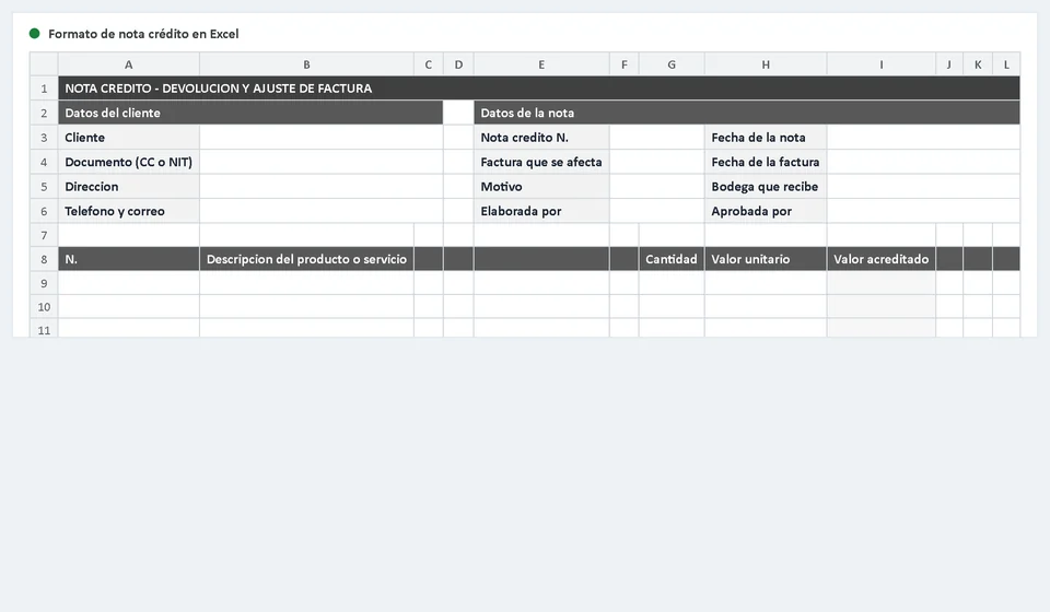 Modelo de nota de crédito no Excel