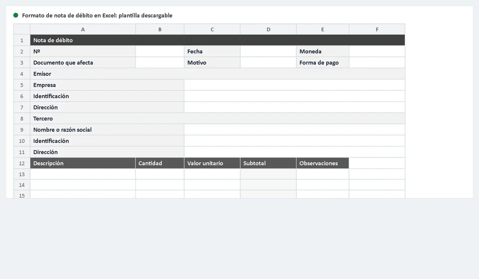 Formato de nota de débito en Excel: plantilla descargable