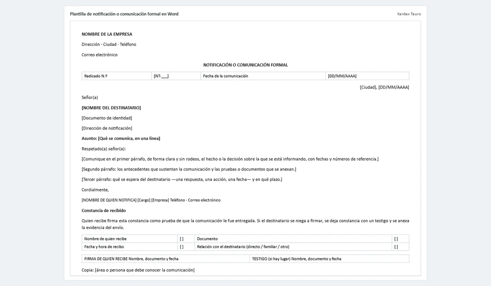 Plantilla de notificación o comunicación formal en Word