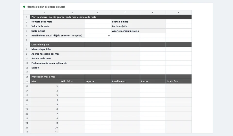Modelo de plano de poupança em Excel