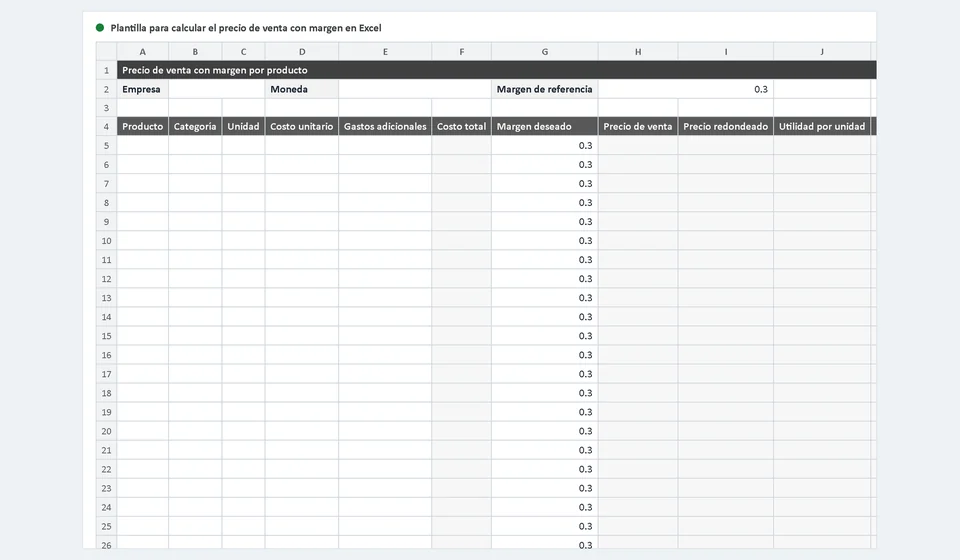 Modelo para calcular o preço de venda com margem no Excel