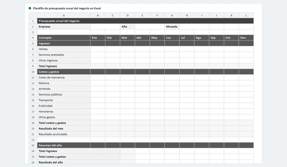 Modelo de orçamento anual da empresa no Excel