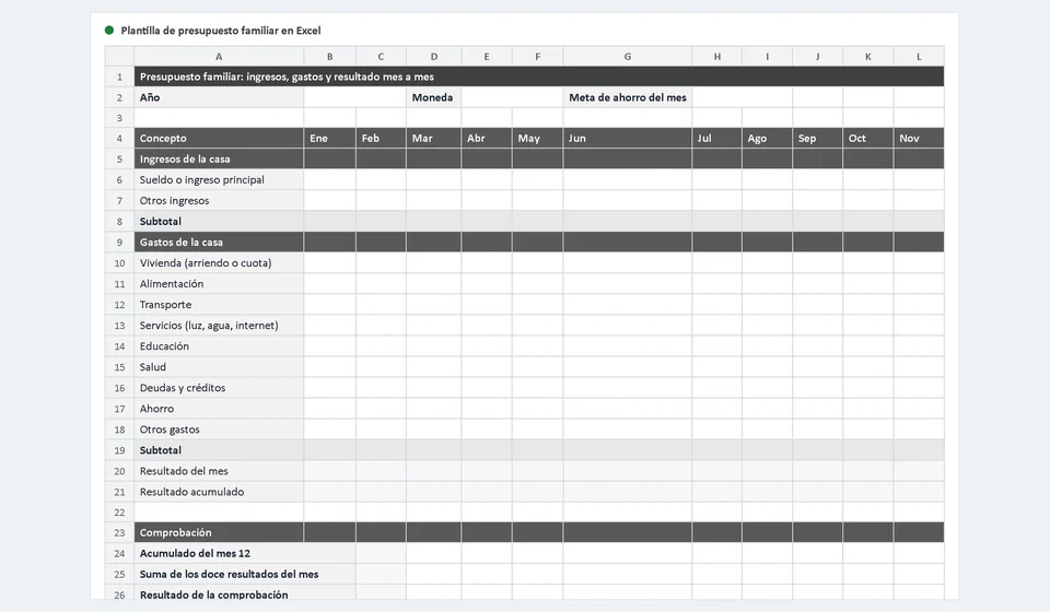 Modelo de orçamento familiar em Excel