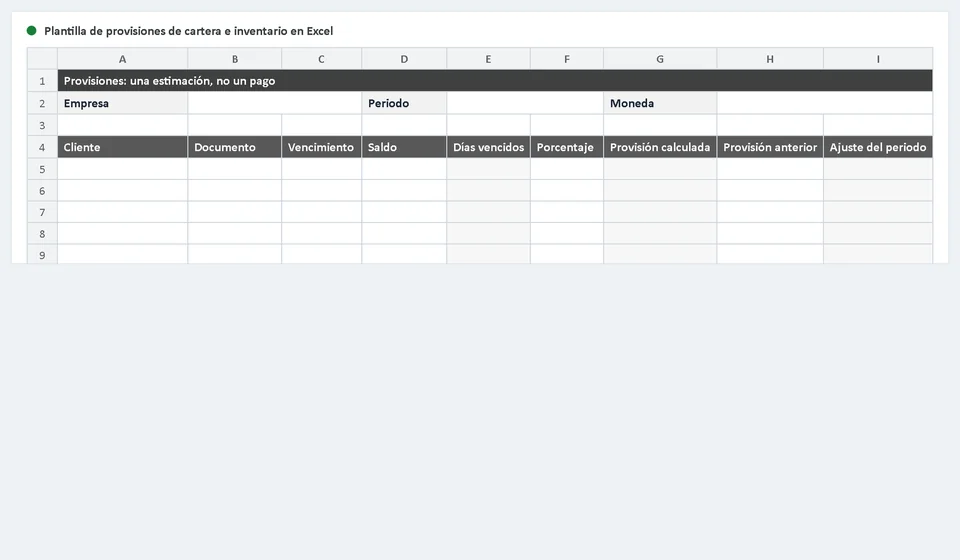 Modelo de provisões no Excel: carteira e estoque