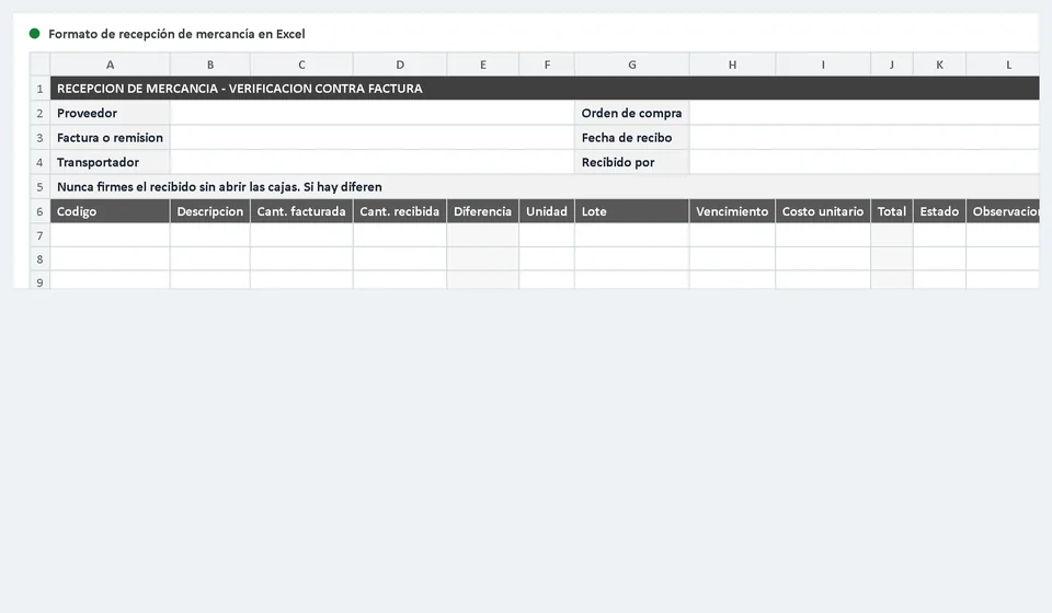 Formato de recepción de mercancía en Excel