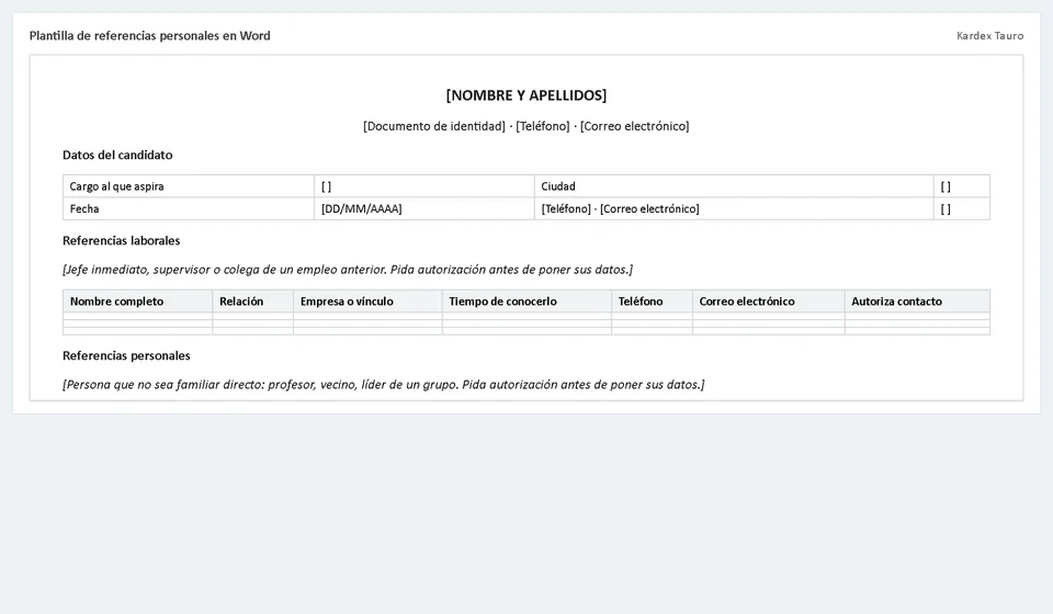 Modelo de referências pessoais em Word