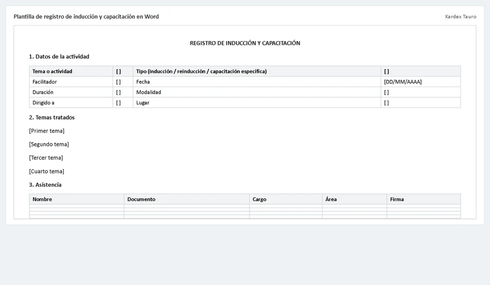 Plantilla de registro de inducción y capacitación en Word