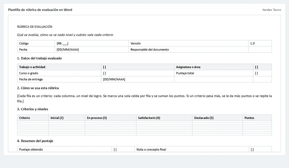 Plantilla de rúbrica de evaluación en Word