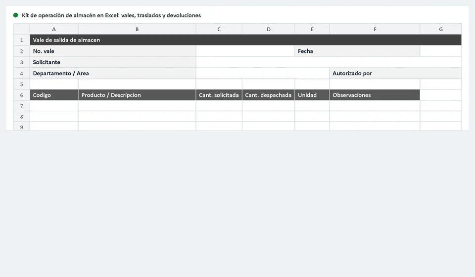 Kit de operación de almacén en Excel: vales, traslados y devoluciones